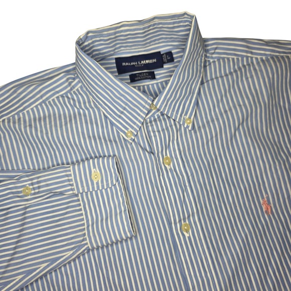 Vintage Ralph Lauren Golf Mens Large Tilden Blue Striped Button Down Long Sleeve - Picture 1 of 6